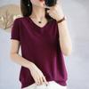 Verano nueva camiseta de algodón para mujer cuello en V manga corta suéter holgado delgado cómodo top de media manga al por mayor