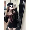 Camiseta de Punto a Cuadros con Costuras de Una Sola Manga para Chica Dulce, Top Interior Ajustado Reductor de Edad para Mujer, Primavera, Negro Gris