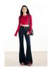Jeans Bootcut Americano Azul Escuro de Cintura Alta para Mulheres 2024 Outono e Inverno Novo Elástico Slim Calças Sino