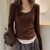 95% algodón, colección de otoño, corte ajustado, cómoda, versátil y favorecedora para la figura, camiseta de manga larga para mujer, con diseño de bloques de color y un estilo simple y casual con hombros normales