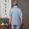 Traje Tang de mediana edad y ancianos para hombre, manga corta de verano, estilo chino Hanfu, ropa de Tai Chi para abuelo, camisa de seda helada, traje holgado