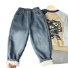 Calças de Lã para Meninos com Forro de Lã de Cordeiro Outono e Inverno Crianças Grandes Jeans Integrados com Lã Novo Inverno Calças de Algodão Engrossadas