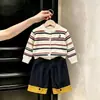 Ropa infantil estilo coreano 2026 otoño nueva moda suéter de bloques de color cárdigan de punto y conjunto de pantalones anchos de bloques de color para niños y niñas