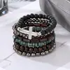 Amazon venta caliente transfronteriza pulsera de cuentas hecha a mano estilo retro para hombre pulsera de línea elástica multicapa con cuentas de madera árbol de la vida