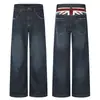 Calça Jeans Longa Wide Leg Cor Natural Retro Americana Masculina Cintura Traseira Patchwork Bandeira Americana Textura Lavada Envelhecida Caimento Perna Reta