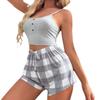 Pijama de Suspensório Estilo Europeu e Americano Amazon Transfronteiriço Pijama Popular de Shorts Xadrez com Suspensório Conjunto de Roupa para Casa Feminino Venda por Atacado