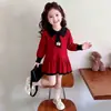 Vestido de Tricô para Meninas Color Block Gola Reversível Manga Longa Vestido Suéter Ursinho Fofo Gravata Babado Vestido Princesa