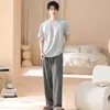 Pijama Masculino de Verão com Calça Longa de Manga Curta, Roupa de Casa Simples com Gola Redonda e Design Color-Blocking, Respirável e Adequado para Usar por Cima, Pijama de Algodão Elástico