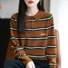 Novo Suéter 100% Lã Pura Feminino Gola Polo Listrado na Barra Top Básico Estilo Preppy Solto Contraste Gola Lapela Suéter
