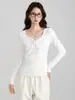 Camiseta de manga larga con lazo de encaje color blanco roto, prenda interior con forro polar cepillado, nuevo top ajustado para mujer de Otoño e Invierno