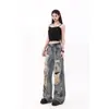 Jeans Rasgado com Tinta Salpicada Estilo Retro Americano Wasteland para Mulheres, Design de Verão Plus Size, Calças de Cintura Alta Largas e Soltas