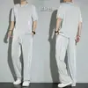 Conjunto de Moda Casual de Color Sólido para Hombre de Verano: Top Holgado de Manga Corta con Cuello Redondo y Pantalones de Pierna Ancha, Pantalones Rectos Finos