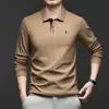 Polo de Algodón Puro de Manga Larga Transfronterizo para Hombre 2025 Otoño Nuevo Solapa Bordado Transpirable Moda Casual Camiseta de Hombre