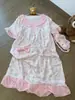 Pijama Rosa com Estampa Integral para Mulheres, Vestido de Verão de Renda de Manga Curta, Roupa Externa Casual para Meninas, Roupa para Casa, Camisola