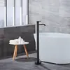 Grifo de bañera de columna para lavabo de pie todo de cobre negro, ducha independiente, grifo de agua fría y caliente de barril de madera montado en el lateral