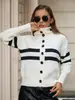 Amazon Clásico Cárdigan de Rayas con Cuello de Solapa Comercio Exterior Transfronterizo Suéter para Mujer Moda Casual Versátil Chaqueta de Punto para Mujer