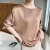 Camisa de cetim de acetato de alta qualidade com gola redonda e mangas de três quartos, textura fluida, estilo coreano de nicho, top liso simples e versátil para mulheres