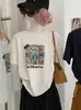 KEKEZOON linda camiseta de dibujos animados de anime con estampado, cuello redondo, manga corta para mujer, principios de otoño, estilo coreano, top con hombro derecho, moderno 9047