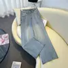 Jeans de pierna ancha azul claro para mujer, nuevo estilo primavera/otoño, tiro alto, doble botón, adecuados para figuras petite en forma de pera, pantalones rectos holgados