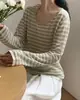 Suéter de rayas nuevo de otoño 2023 transfronterizo holgado versátil fino de cuello redondo manga larga camiseta top casual para mujer