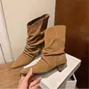 Estilo europeo y americano, botas plisadas de moda, botines versátiles, botas estilo western de cuero suave gamuzado, tacón cónico para mujer, botas de punta fina hasta la mitad de la pantorrilla