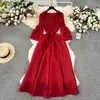 Vestido Estilo Palacio Europeo para Mujer con Diseño de Borla Cuello en V Delgado Largo Vestido Plegado Miyake con Manga de Campana para Mujer