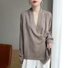 Cardigan Tricotado de Lã Penteada com Decote em V de Outono e Inverno 2025, Manga Comprida, Feminino, Transpassado, Cor Pura, Solto, Casaco Top