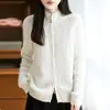 Cardigan de Lã Pura com Tricô Grosso Feminino com Zíper Duplo Estilo Preguiçoso Solto Gola Alta Meia Manga Casaco Suéter Outono Inverno