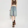Shorts de mezclilla para mujer, tendencia de otoño, nuevo estilo versátil, de cintura alta, adelgazantes, pierna recta holgada, estilo boyfriend, estilo Hong Kong, shorts de longitud media