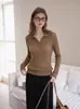 Suéter de Tricô Vazado com Gola Polo Estilo Old Money para Mulheres, Top Francês de Outono, Design Único, Camada Base 2196