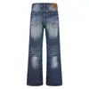 Jeans Retro Americanos Lavados con Onda de Agua Micro-Acampanados para Hombre Azul Profundo Degradado Desgastados con Caída Pierna Ancha Pantalones de Moda