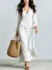 Vestido casual largo tipo cárdigan de estilo europeo y americano, cuello en V, manga larga, para otoño e invierno, de algodón y lino para mujer, corte holgado, estilo vacacional