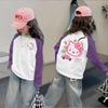 100% Algodão Puro Roupa Infantil Camiseta para Meninas Patchwork Estiloso Manga Longa Primavera e Outono Novo Estilo para Meninas Jovem Manga Raglan Camada de Base