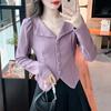 Camisa Feminina Manga Longa Gola V Estilo Francês 2024 Início da Primavera Nova Única Chique Top Curto Estilo Oeste Camisa Carabina