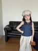 Macacão Jeans Patchwork Xadrez Retrô Aimo Beibei Infantil + Camisola Interna Conjunto Elegante em Camadas de Duas Peças