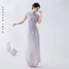 Camisa de Dança com Gola Suspensa de Gaze Dupla para Mulheres, Dança Clássica, Dança Chinesa, Roupa para Treinamento Físico