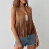 Colete europeu e americano transfronteiriço vintage com tachas e franjas, cardigã sem mangas estilo western em camurça sintética, vestuário feminino de comércio exterior