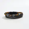 Nuevo Pulsera Trenzada de Cuero Cruzada de Tres Capas Europea y Americana Pulsera de Piedra Ojo de Tigre Natural para Hombre Pulsera de Perlas Joyería