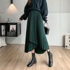 Gongyu Weng Falda caqui para mujer Otoño e Invierno Diseño de falda midi plisada irregular Cintura alta Falda línea A