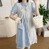2026 Novo Vestido de Maternidade Xadrez Azul e Branco Renda Estilo Coreano Doce Conjunto de Duas Peças Vestido de Maternidade