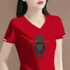 Comércio Exterior Transfronteiriço Último Estoque Grande Marca Etiqueta Cortada Manga Curta Camiseta Feminina Verão Solta Casual Petite Decote V Meia Manga