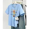 Camiseta de verano de talla grande para mujer, nuevo estilo, estampada, cuello redondo, para chicas de talla grande, adecuada para ir al trabajo y uso casual, manga corta 9845
