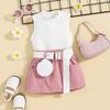 Baopai roupas infantis comércio exterior meninas verão na moda legal algodão colete top saia T com cintura bolsa conjunto ponto cabelo liso