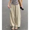 Calça balloon cáqui de perna larga para mulheres, verão 2026, fina, cintura alta, solta, emagrecimento, casual, petite, calça de perna curva