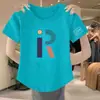 Comercio exterior transfronterizo~Camiseta de manga corta de alta gama sin etiqueta para rejuvenecer, con letras estampadas, dobladillo curvo, cuello redondo, top ajustado