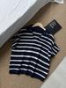 Blusa de Verão Feminina Tricotada de Manga Curta Solta com Decote V, Fina, Rendada e Listrada, Simples e Versátil