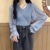 Chiffon Costura Manga Sino Decote V 2024 Outono Tricô Feminino Fino Estilo Coreano Efeito Emagrecedor Camisa Básica