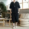 Traje de camiseta de manga corta de algodón y lino Conjunto de dos piezas de lino de verano Estilo japonés retro estilo chino de moda Marca Pantalones cortos holgados recortados