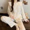 Nova gola de boneca de renda de desenho animado algodão nuvem manga longa pijama feminino primavera outono inverno doce vento roupas de casa atacado