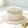 Chapéu de Sol de Verão Respirável com Recortes Versátil Moda Palha Chapéu Bucket de Topo Plano Férias na Praia Chapéu de Praia Casual